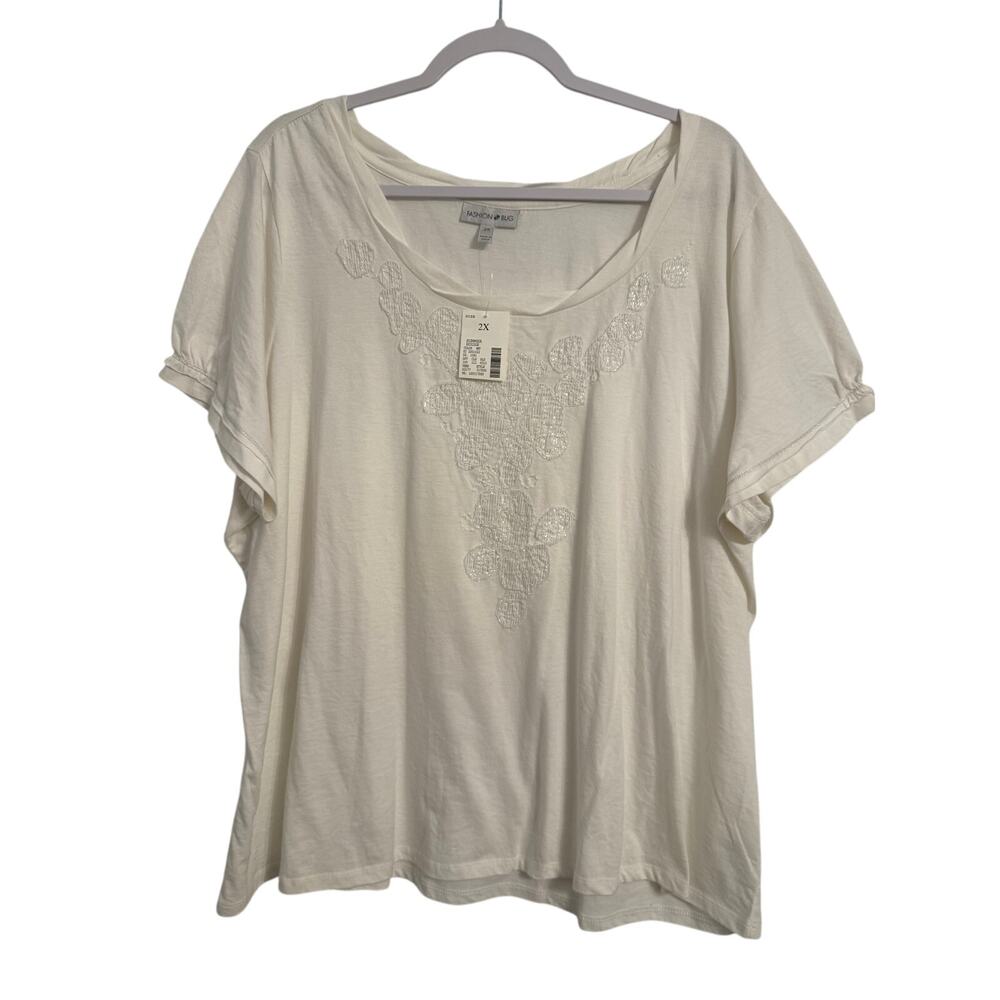 Fashion Bug NWT Women's 2X Beach Floral Textured Raw Metallic Stripe Top Clean
